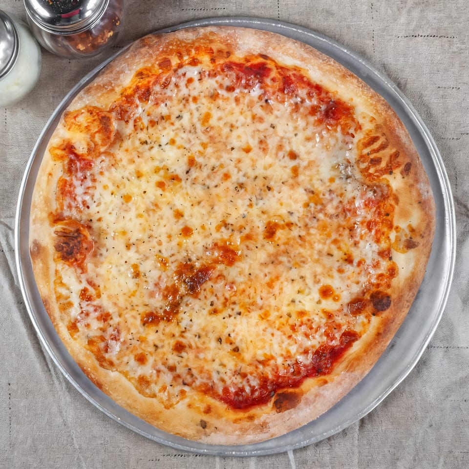A classic cheese pizza from Luisa's Brick Oven Pizzeria, with a golden crust and melted mozzarella.